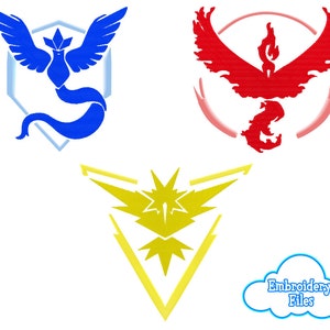 May include: Three embroidered designs of the legendary Pokemon birds: Articuno, Zapdos, and Moltres. Articuno is blue, Zapdos is yellow, and Moltres is red.