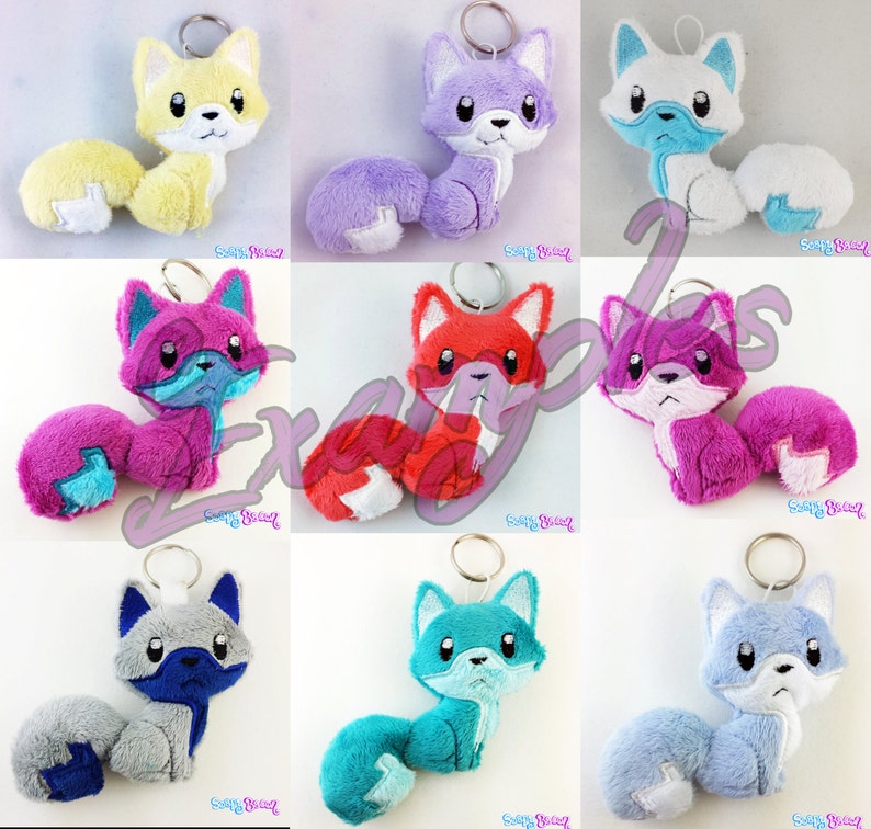 9 fox keychains displayed in various colors as examples for this pattern