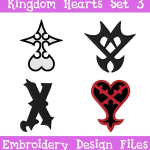 May include: Four black and white embroidery designs of the Kingdom Hearts symbols. The symbols are the Kingdom Hearts symbol, the Organization XIII symbol, the Nobody symbol, and the Organization XIII symbol with a red heart.