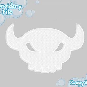 May include: White embroidered patch of a skull with horns. The skull has two eye sockets and a mouth with teeth. The patch is on a grey background.