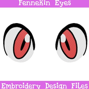 May include: Embroidery design files for a pair of red cartoon eyes with black outlines. The eyes are set against a white background.