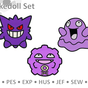 May include: A set of three purple Pokedoll character patches. The patches feature a ghost-like character with a wide grin, a character with a skull and crossbones, and a character with a mischievous grin.