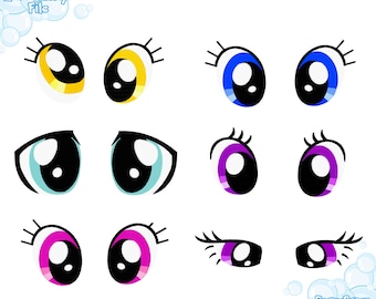 May include: Set of 10 cartoon eyes in various colors, including yellow, blue, light blue, purple, and pink. The eyes are designed for embroidery projects.