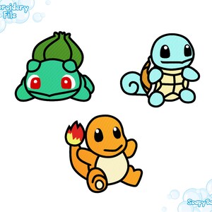 May include: Three cartoon embroidered patches featuring popular Pokemon characters: Bulbasaur, Squirtle, and Charmander. The patches are green, blue, and orange, respectively.
