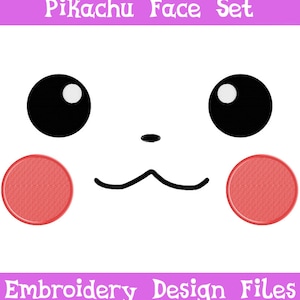 Puede incluir: Un fondo blanco presenta un diseño de conjunto de caras de Pikachu. El diseño incluye dos ojos negros con reflejos blancos, dos círculos de mejillas rojas, una pequeña nariz negra y una boca negra curvada. Se muestra el texto "Pikachu Face Set" y "Embroidery Design Files".