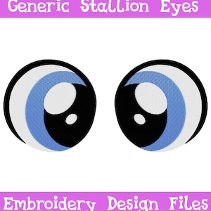 May include: Two cartoon-style eyes with a black outline, white highlights, and a light blue iris. The text "Generic Stallion Eyes" is above the eyes, and "Embroidery Design Files" is below.