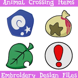 Puede incluir: Cuatro diseños bordados de Animal Crossing. Incluye un pentágono azul con una espiral y una estrella blancas, una bolsa beige con una estrella marrón, una hoja verde y un círculo blanco con un signo de exclamación rojo. Texto: "Animal Crossing items" y "Embroidery Design Files".