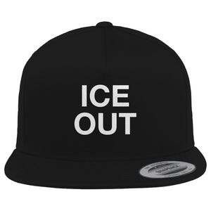 May include: Black snapback cap featuring the white text "ICE OUT". The cap has a flat peak and a snap closure at the back. A classic style of hat.