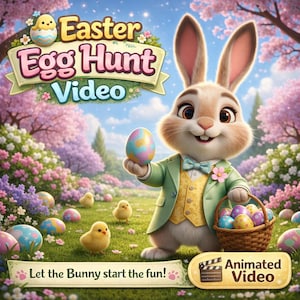 Op de afbeelding: Een geanimeerde afbeelding voor een Paaseierenjacht-video. Een lachende konijn houdt een versierd ei en een mand met eieren vast. De tekst "Easter Egg Hunt Video" en "Let the Bunny start the fun!" is te zien in een lentelandschap.