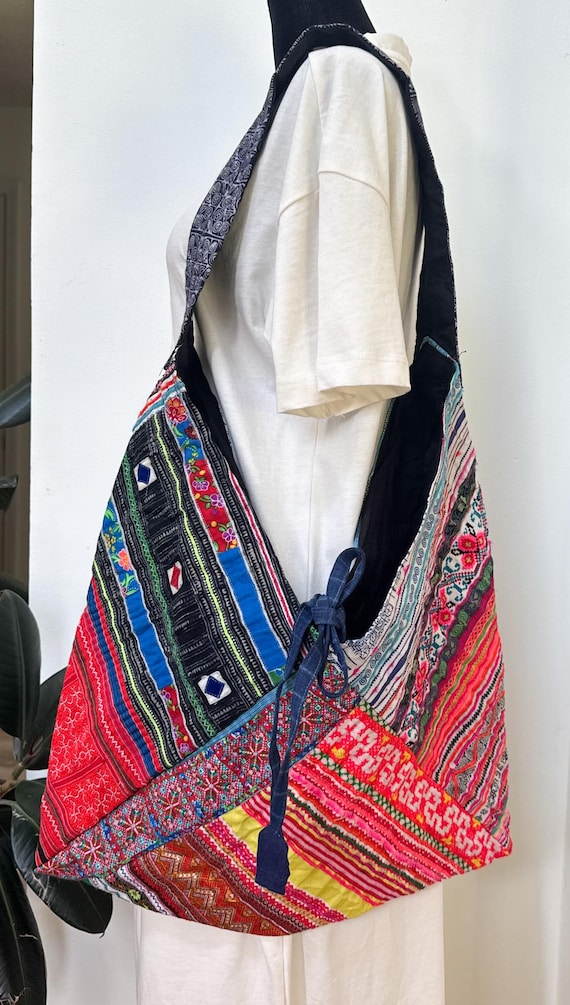Handmade Hmong Embroidered Boho Sling Bag: Upcycled Patchwork Crossbody Purse