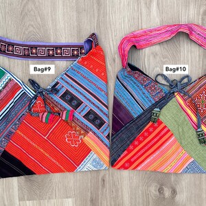 Puede incluir: Dos bolsos de hombro patchwork coloridos. El bolso n.&ordm; 9 presenta una correa morada con patrones geom&eacute;tricos y una mezcla de telas estampadas rojas, azules y verdes. El bolso n.&ordm; 10 tiene una correa rosa y un dise&ntilde;o de patchwork similar.