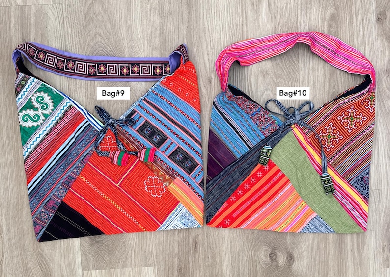 Puede incluir: Dos bolsos de hombro patchwork coloridos. El bolso n.&ordm; 9 presenta una correa morada con patrones geom&eacute;tricos y una mezcla de telas estampadas rojas, azules y verdes. El bolso n.&ordm; 10 tiene una correa rosa y un dise&ntilde;o de patchwork similar.