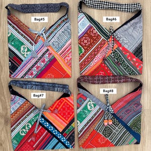 Puede incluir: Cuatro bolsos de hombro patchwork coloridos con varios patrones y texturas. Cada bolso tiene un dise&ntilde;o de correa diferente y est&aacute; etiquetado con un n&uacute;mero. Los bolsos presentan una mezcla de telas rojas, verdes, naranjas y azules.