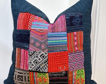 Boho Hmong Embroidered Pillow Cover: Handmade Tribal Home Decor