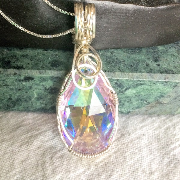 Swarovski Pink AB Drop Pendant Necklace ~ Swarovski Necklace ~ Pink Crystal Necklace