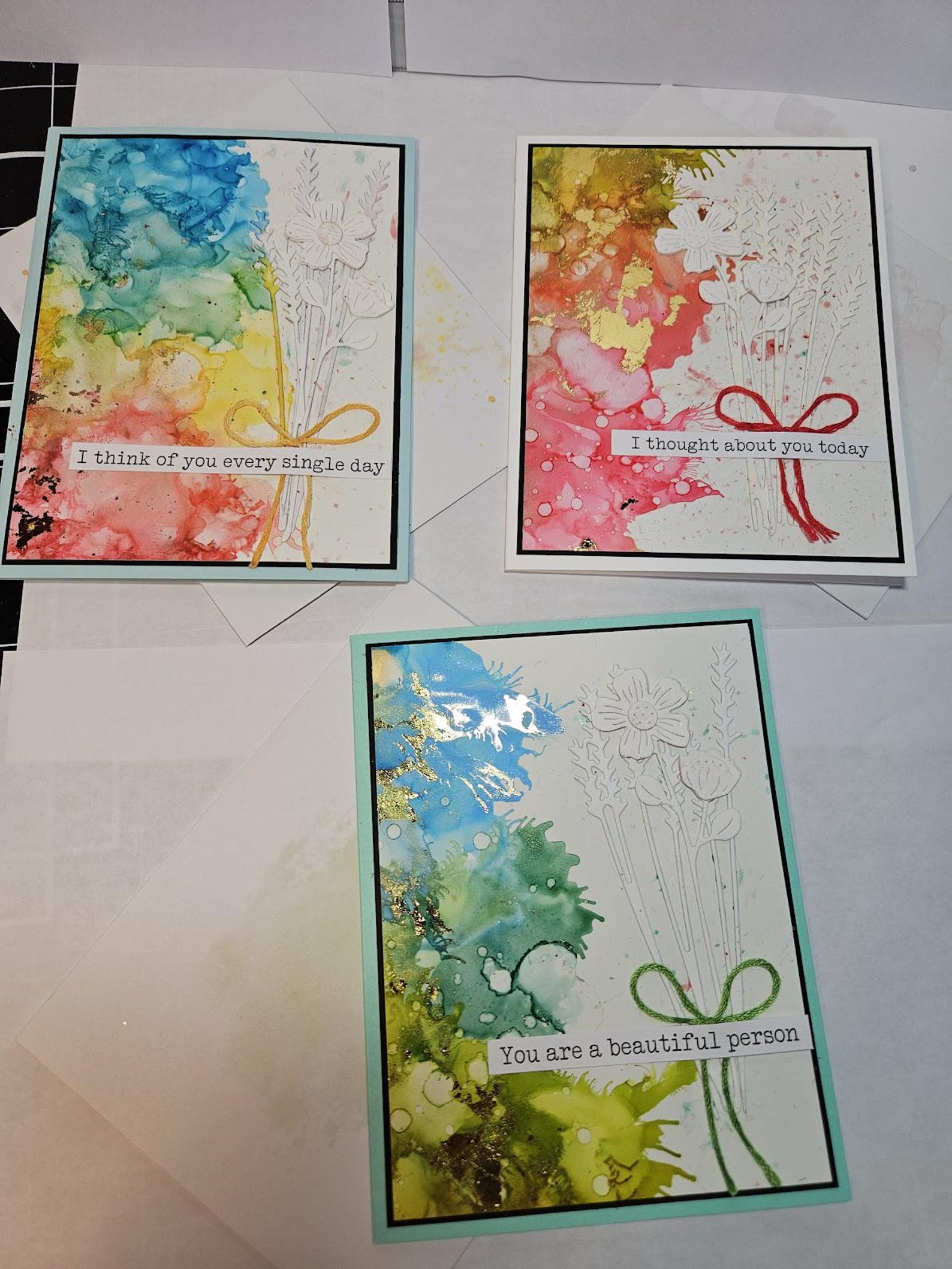 Handmade Alcohol Ink Cards: Set of 3, Gold Foil Flowers - Etsy
