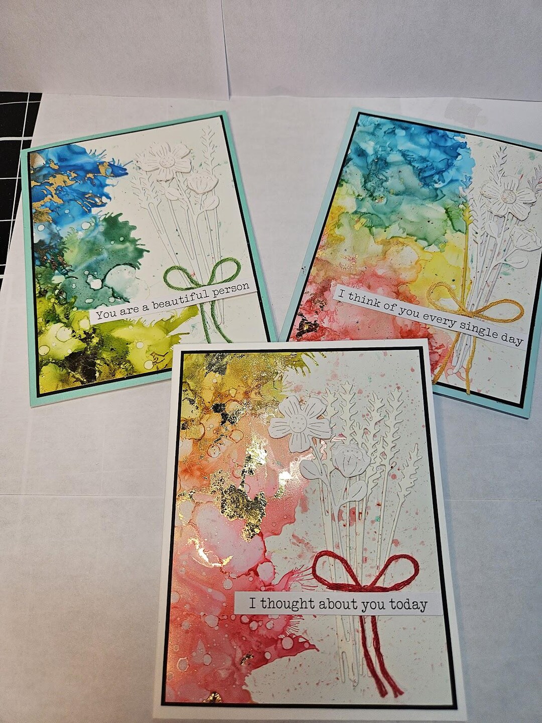 Handmade Alcohol Ink Cards: Set of 3, Gold Foil Flowers - Etsy