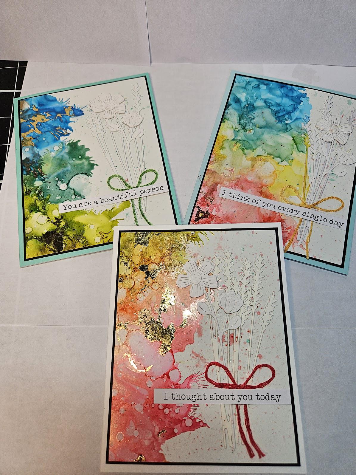 Handmade card SET OF THREE alcohol ink "Thinking of You" cards. Abstract design Size A2 4.25 x 5.5 by Ingrid Wheatley