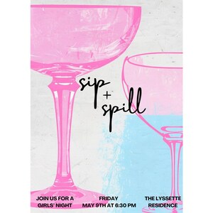 Custom Sip and Spill Invitation – Editable Girls Night Digital Download, Pink Aesthetic Wine Glass Invite, Bachelorette or Birthday Template