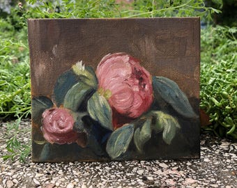 Original painting, Still Life Flowers on Brown Background, Pink Peonies, Canvas Board