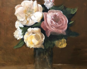 Classic Original Oil Painting, Still Life with Roses, Handmade Flower Art