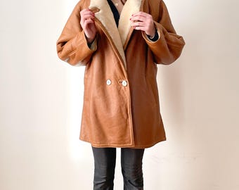 Vintage 80s Shearling Coat: Oversized Wool Leather Jacket (M–L–XL)