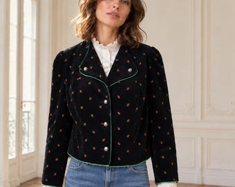 Chaqueta de terciopelo austriaca vintage de los años 70, chaqueta tradicional escocesa, blazer de algodón negro con estampado floral, corto con ribete verde, talla mediana.