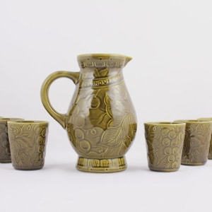 Vintage Majolica WINE PITCHER JUG Set with 6 Cups French by Sarreguemines France 1970s 70s