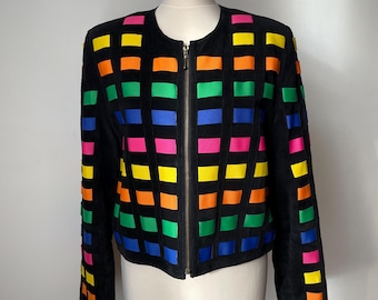 Vintage 80s Rainbow Suede Leather Jacket - Women's Color Block Moto