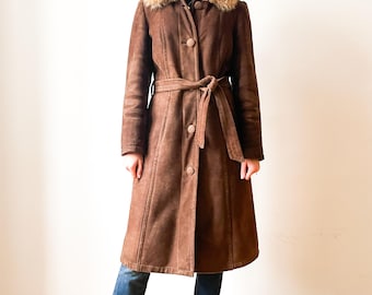 Vintage 70s Suede Shearling Coat: Brown Fur Collar Belted A-Line