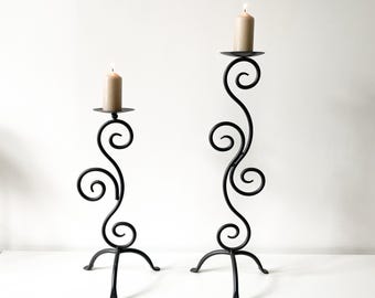 Vintage Wrought Iron Candle Holders - Black Artisan Scroll Design