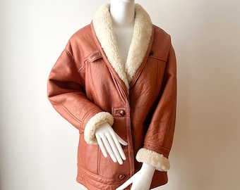 Vintage Tan Shearling Mantel, echte Schaffell Lederjacke, übergroße Wintermantel