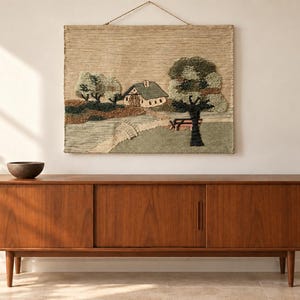 Pode incluir: Uma tapeçaria retangular com uma paisagem texturizada que inclui uma pequena casa, árvores, uma ponte e uma mesa de piquenique. A obra é apresentada em tons de verde, castanho e bege, suspensa por um fio fino na extremidade superior.