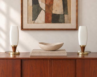 Vintage Kalmar Table Lamps Glass, Teak & Brass, Mid-Century Modern Set MCM 1960s 1970s