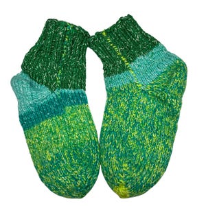 Hand Knitted Socks, Thick Warm Hand Knitted Socks, Green Yellow Blue Patchwork Hand Knitted Socks, 23cm