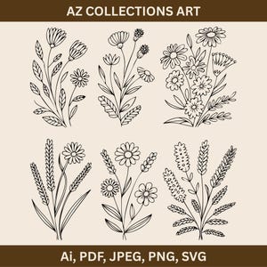 Pacote de Flores Silvestres SVG, Prado de Flores SVG, Borda de Flores SVG, Buquê de Flores Minimalista, Clipart de Flores Silvestres, Desenho de Flores SVG