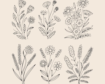 Pacchetto Svg Wildflower, Svg Flower Meadow, Svg Flower Border, Bouquet di fiori minimalista, Clipart Wildflower, Svg Flower Sketch