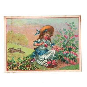 Vintage originele paasillustratie paasmeisje bloemen plukken grote hoed konijn
