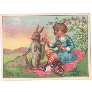 Vintage originele paasillustratie paasjongen bloemen konijn met mand