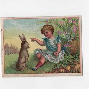 Vintage originele paasillustratie paasmeisje konijn