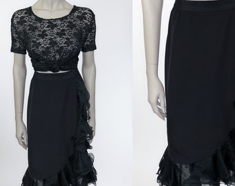 1990s Black Silk Ruffled Wrap Skirt M