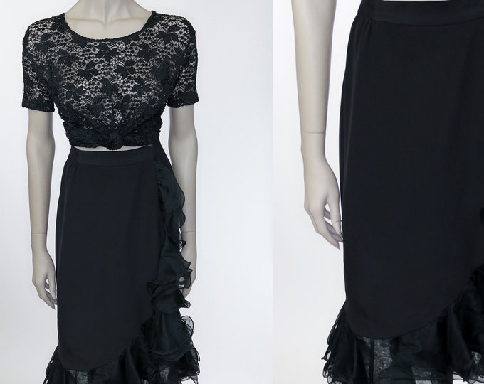 1990s Black Silk Ruffled Wrap Skirt M