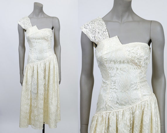Vintage 80s Dress / 1980s Cream Lace Asymmetrical