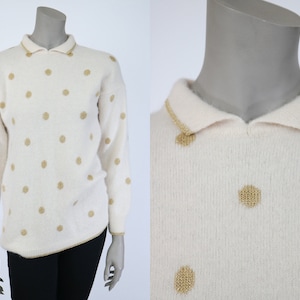 Vintage 90s Sweater / 1990s Cream and Gold Lambswool Angora Polka Dot Sweater / Size S M Small Medium