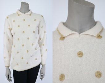 Vintage 90s Sweater / 1990s Cream and Gold Lambswool Angora Polka Dot Sweater / Size S M Small Medium