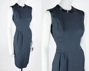Vintage 60s Dress / 1960s Black Linen and Silk Minimalist Beaded Sheath Dress XS S