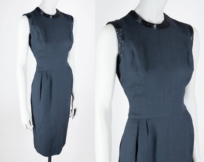 1960s Black Linen and Silk Minimalist Beaded Sheath Dress XS S