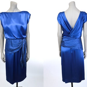 Abito vintage anni '80 / Abito da sera in seta blu royal Victoria con perline anni '80 / Taglia Small S / Designer Vintage