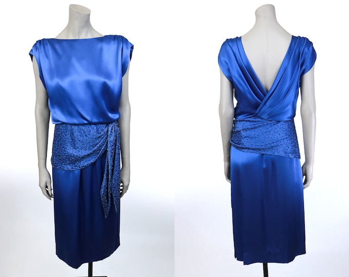 1980s Victoria Royal Ltd Blue Low Back Beaded Silk Dress S