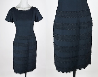 1950s L'Aiglon Black Linen & Crochet Sheath Dress S